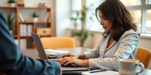 Writer at laptop in bright office setting.