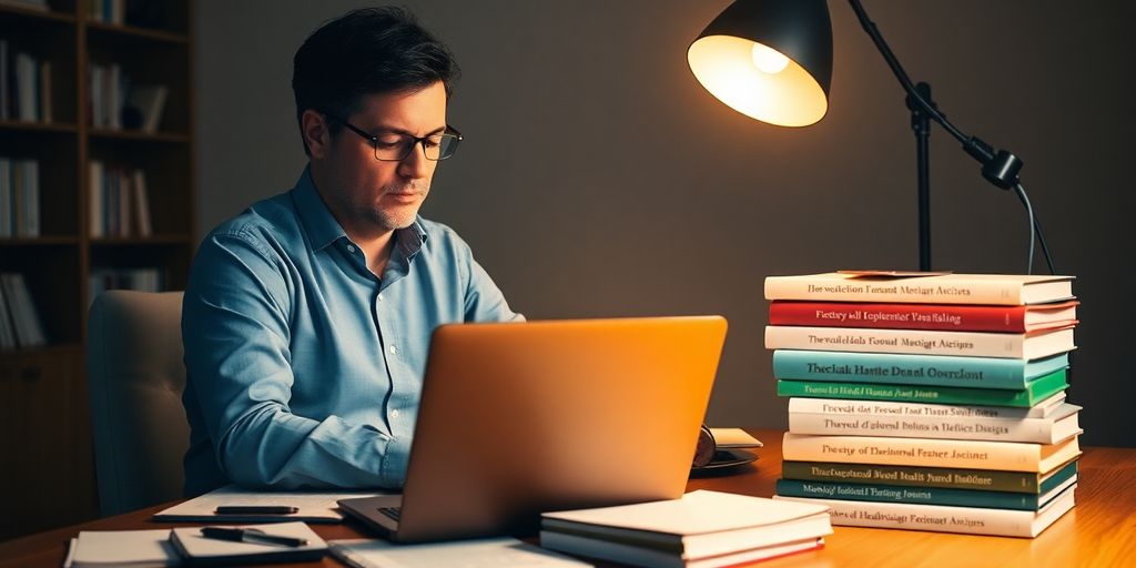 Author writing at a desk with healthcare journals nearby.