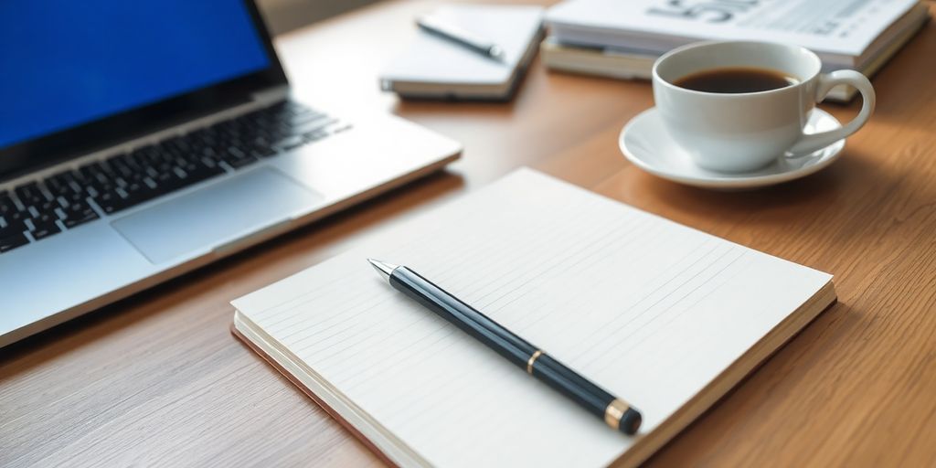 Notepad and pen on a desk with a laptop.