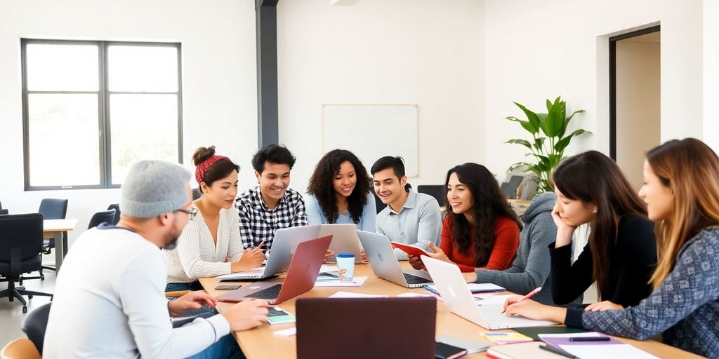 Writers collaborating in a modern, bright workspace.