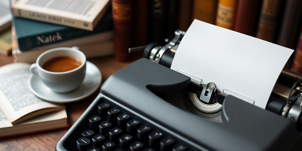 Typewriter with blank page and coffee on a desk.