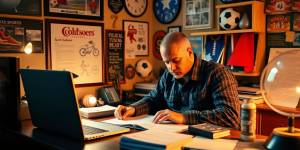 Writer at desk with sports memorabilia, focused on writing.