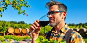 Wine enthusiast tasting a glass of red wine outdoors.