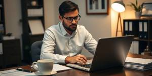 Accountant working on laptop in a cozy office.