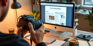 Photographer capturing a tech article in a workspace.