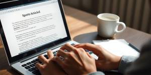 Writer typing on a laptop with a coffee cup.