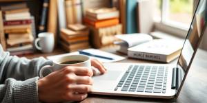 Person typing on laptop in a cozy workspace.