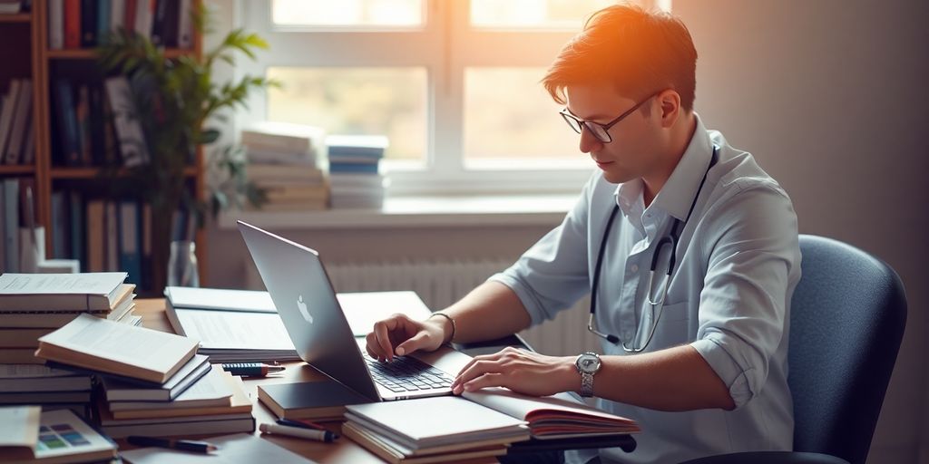 Writer working on healthcare IT articles at a desk.