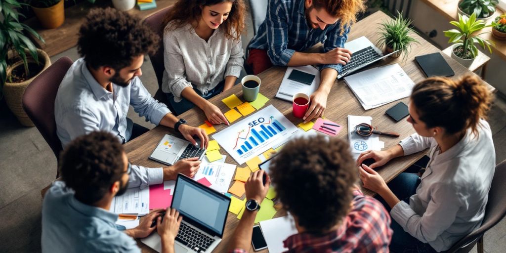 Diverse team collaborating in a modern office setting.