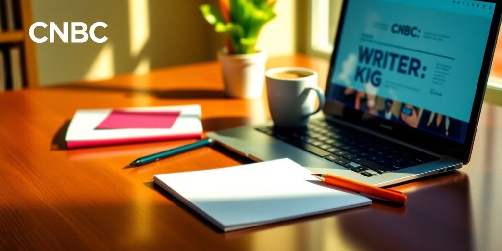 Professional workspace with laptop, coffee, and notepad.