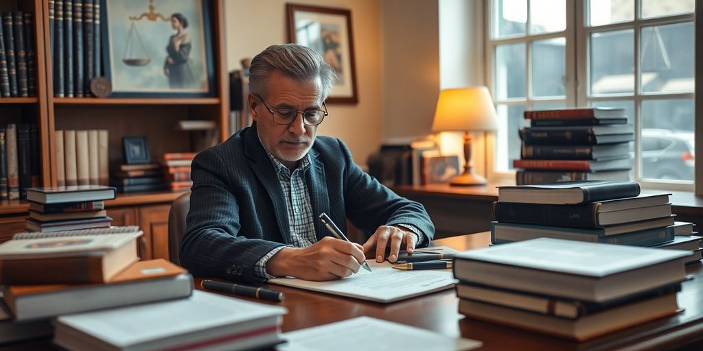 Writer at desk with legal books and notes.