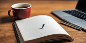 Close-up of a pen and notebook on a desk.