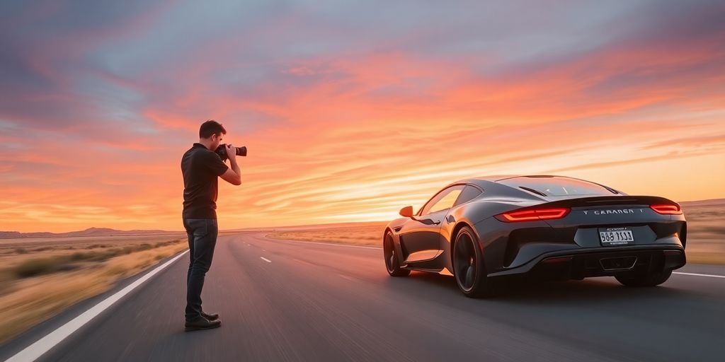 Photographer taking a picture of a car on road.