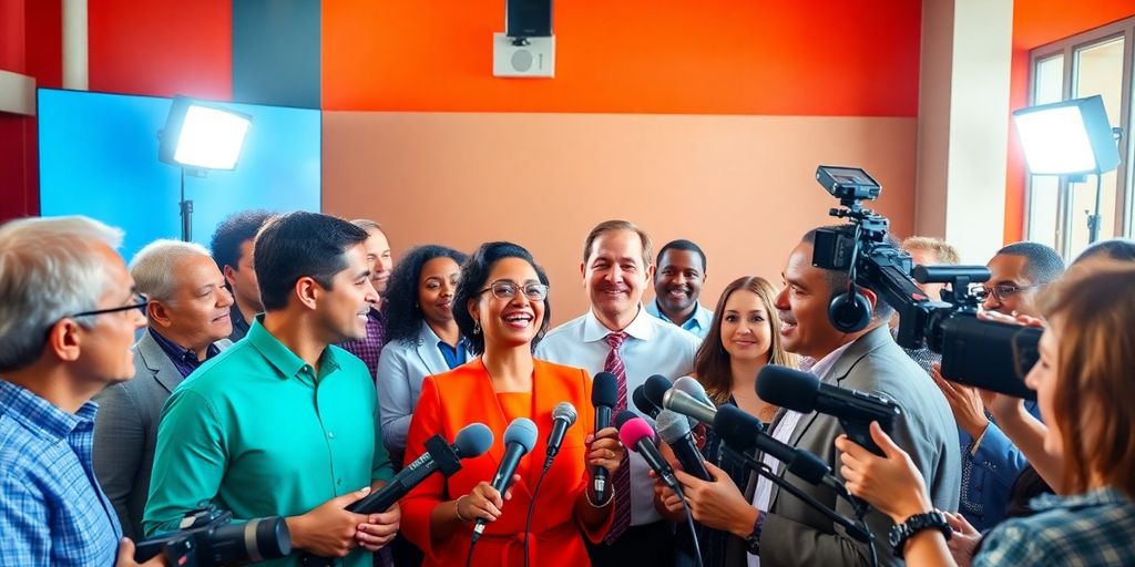 Professionals engaged in lively media discussion with cameras.