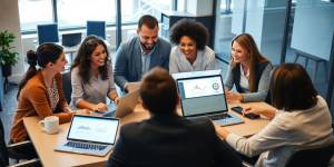 Team discussing digital PR strategies in a modern office.