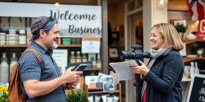 Small business owner speaking with a journalist outside.