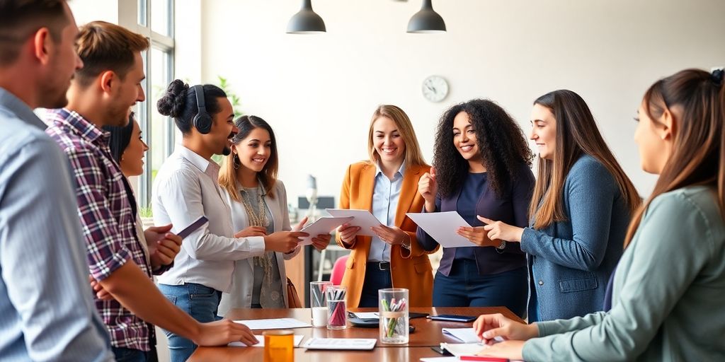 Group of professionals collaborating in a bright office.