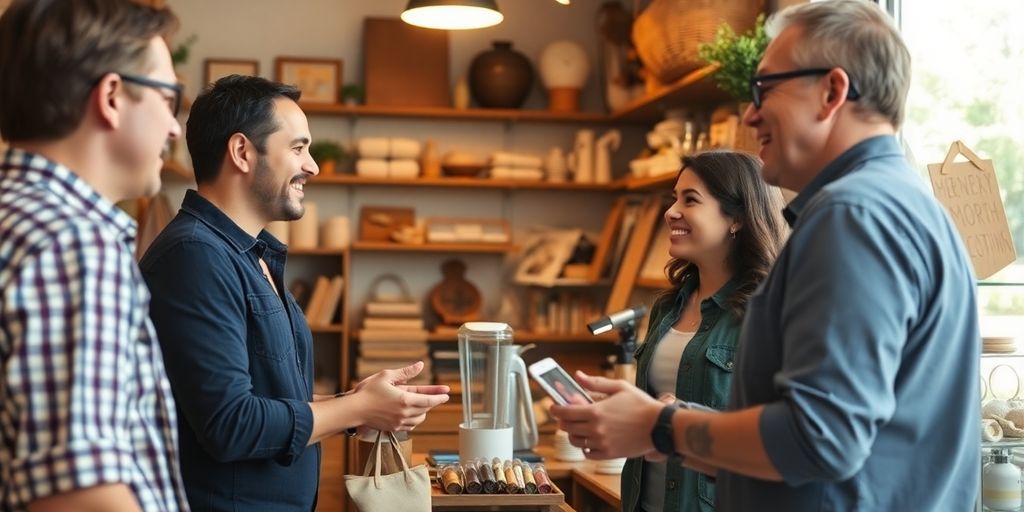 Small business owner interacting with customers in a shop.