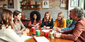 Authors collaborating in a cafe over coffee and notebooks.