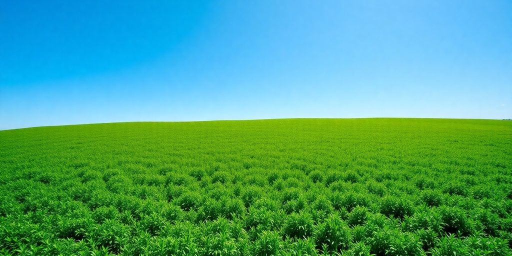 Lush green landscape under bright blue skies.