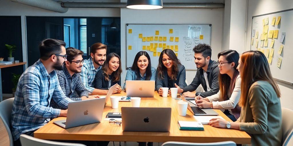 Young entrepreneurs collaborating in a bright startup workspace.