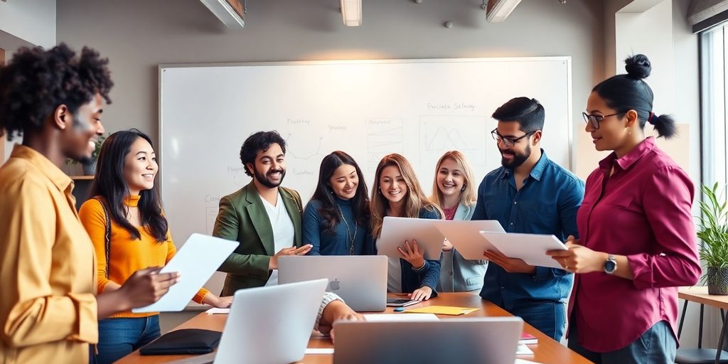 Diverse professionals collaborating in a modern office setting.