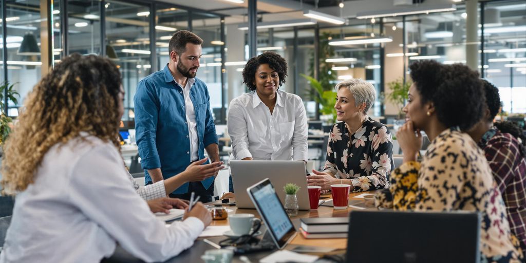 Diverse professionals collaborating in a modern office setting.