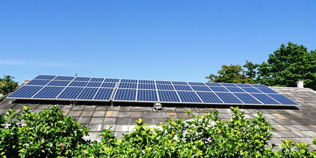 Rooftop solar panels under a clear blue sky.