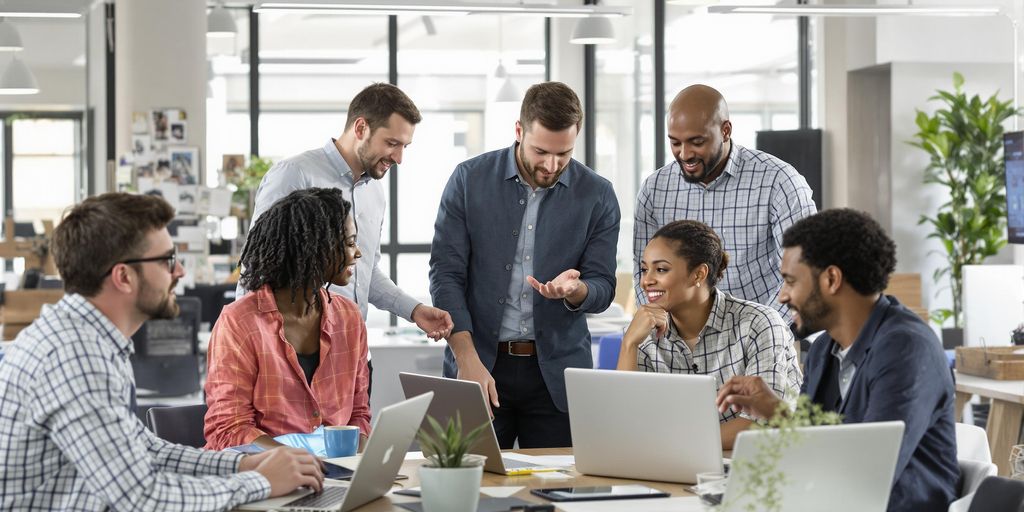 Diverse SEO experts collaborating in a modern office environment.